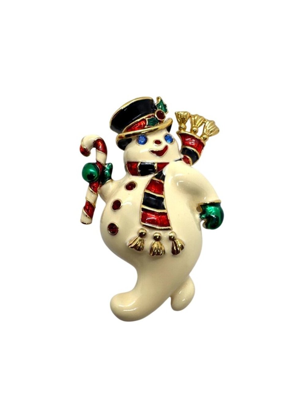 Bob Mackie Snowman Christmas Brooch Enamel Rhinestone Candy Can Pin Collectible